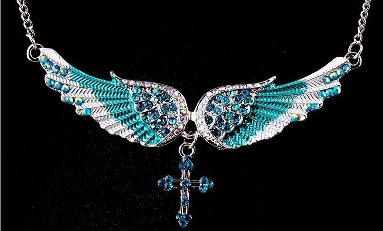 Angel Wings Pendant and Sweater Necklace with Gems