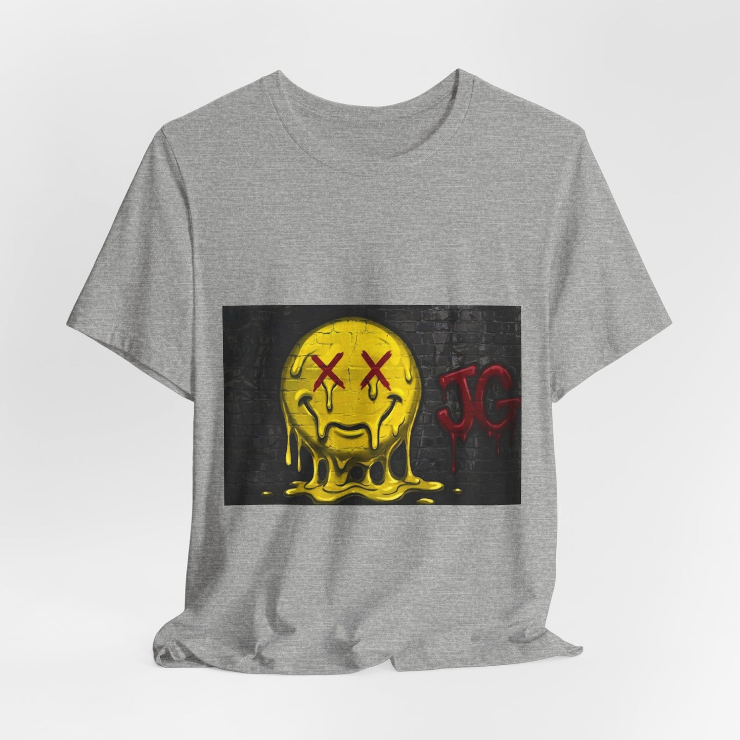 Melting Smiley Graphic Tee — Distressed Yellow Drip Face T-Shirt