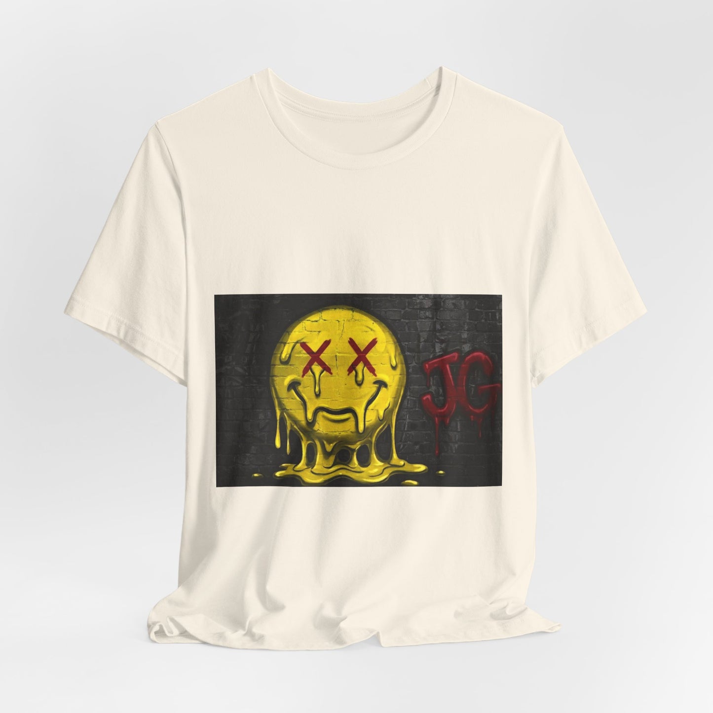 Melting Smiley Graphic Tee — Distressed Yellow Drip Face T-Shirt