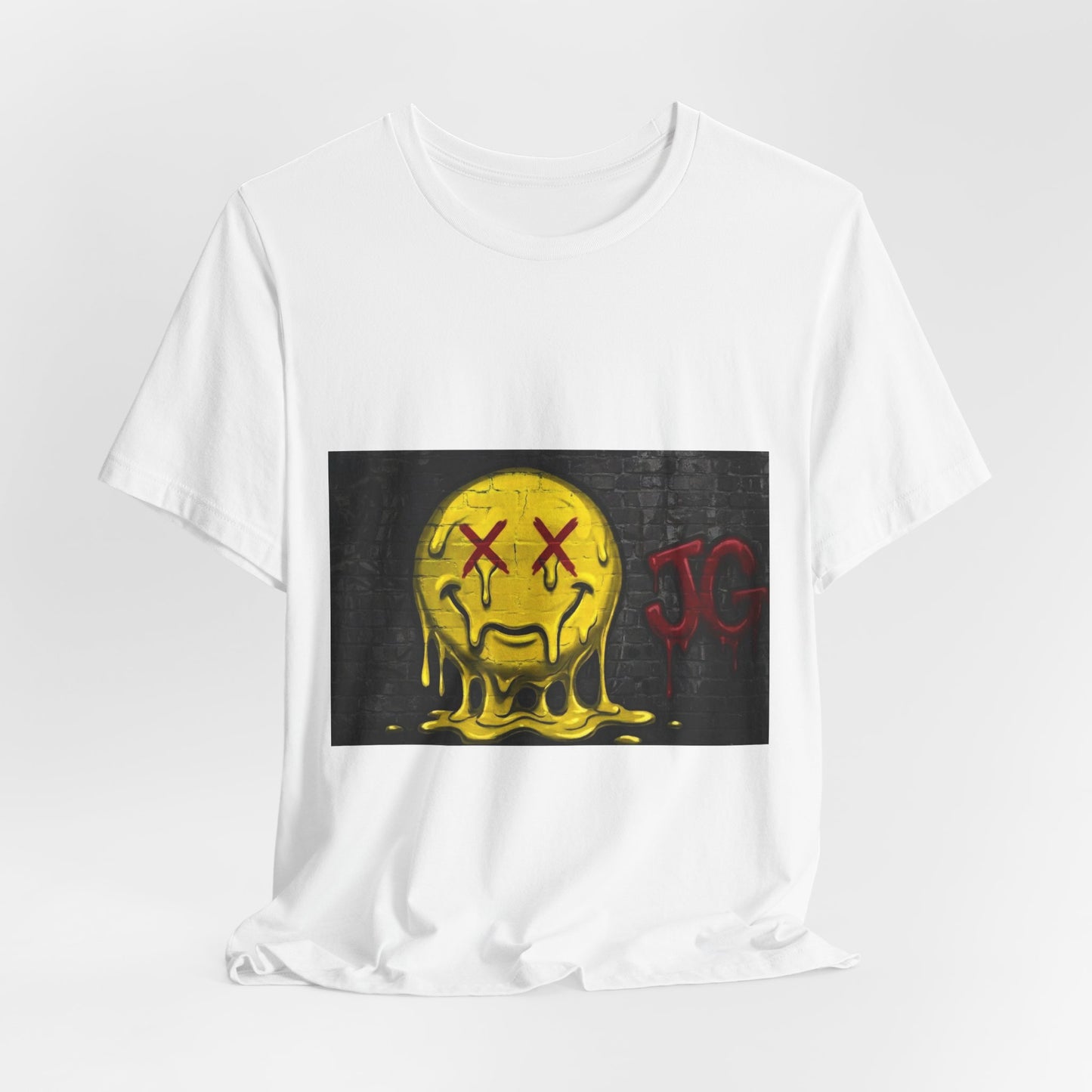Melting Smiley Graphic Tee — Distressed Yellow Drip Face T-Shirt