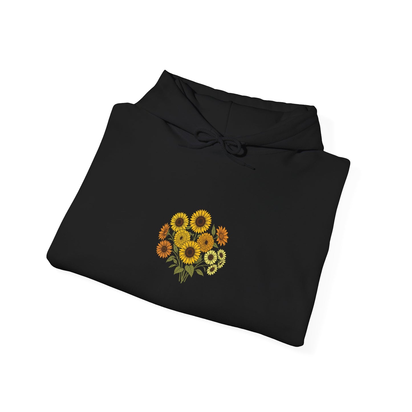 Sunflower Bouquet Hoodie — Small Floral Chest Print, Cozy Casual Pullover