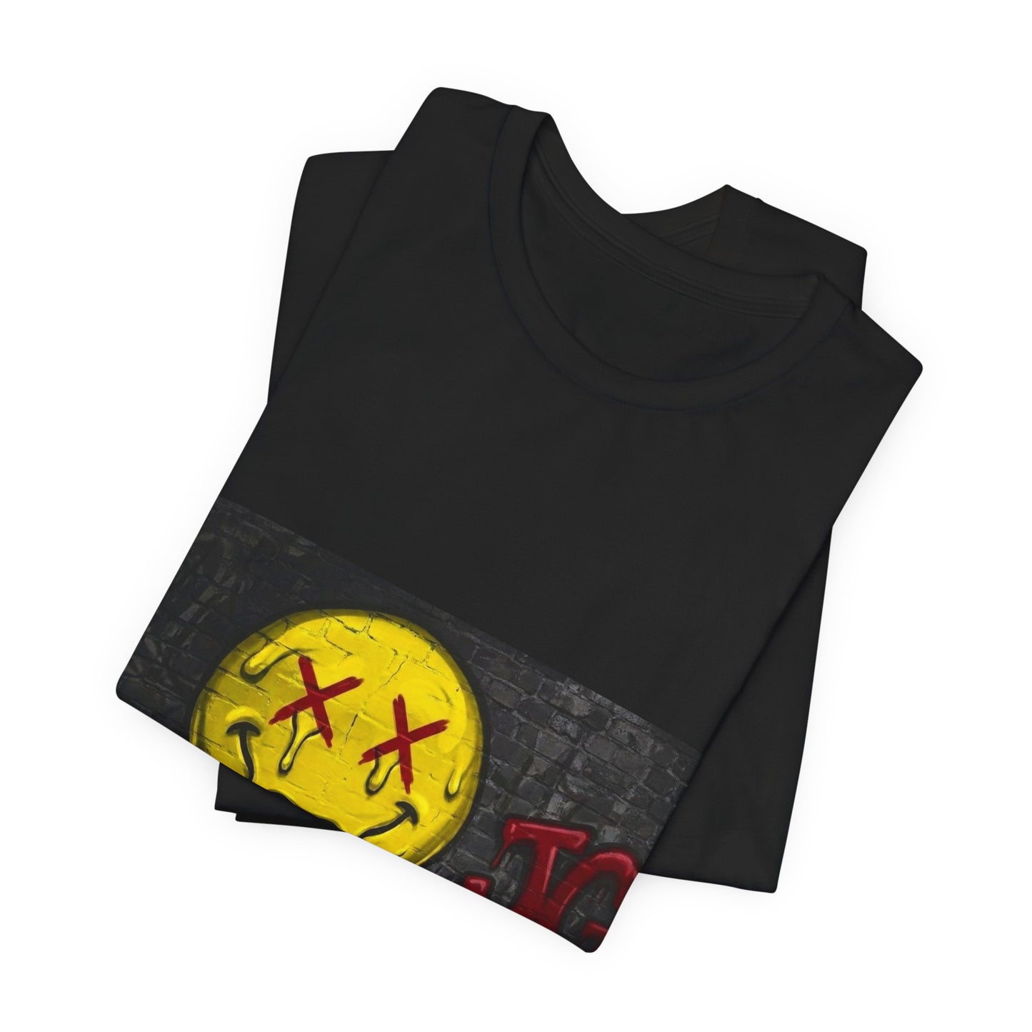 Melting Smiley Graphic Tee — Distressed Yellow Drip Face T-Shirt