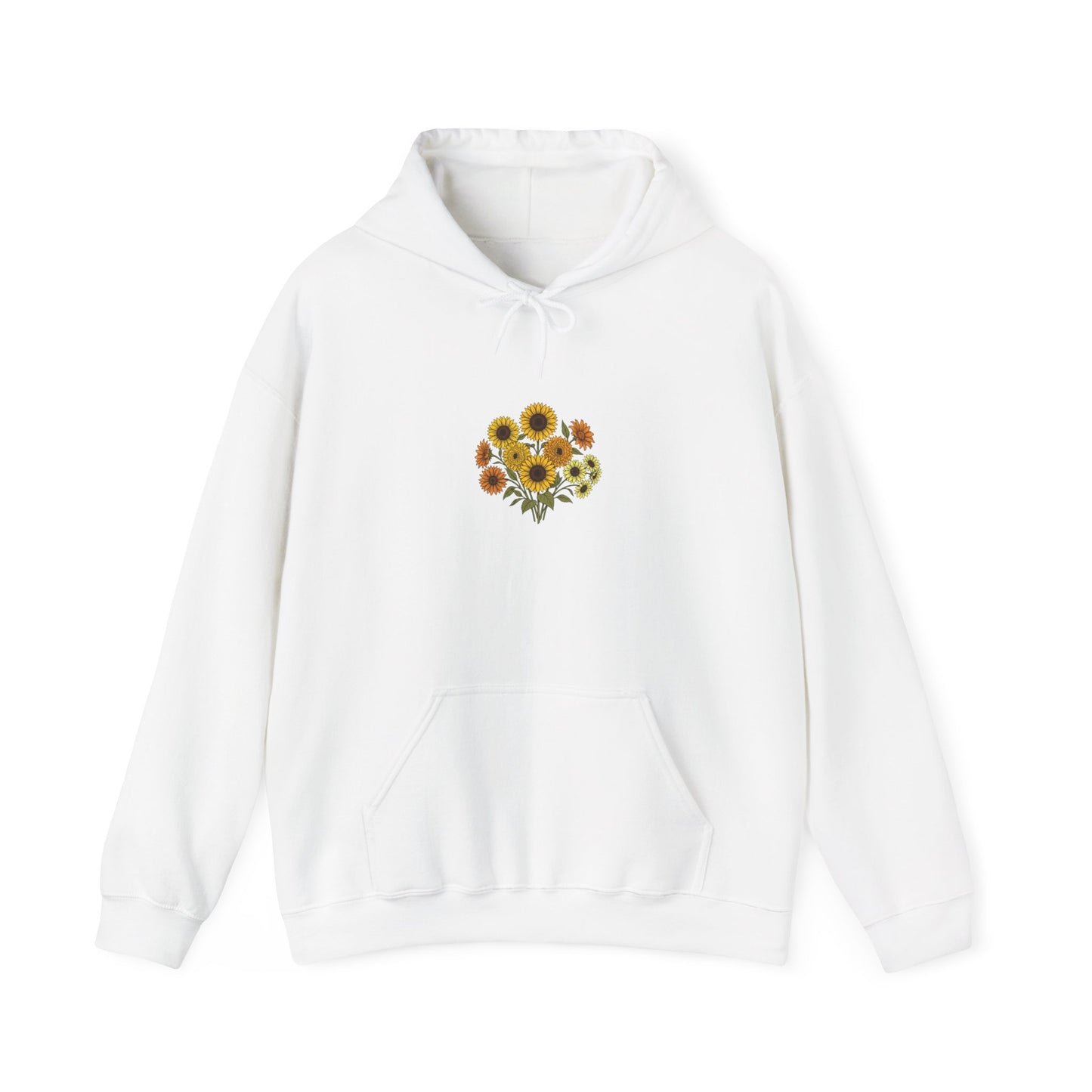 Sunflower Bouquet Hoodie — Small Floral Chest Print, Cozy Casual Pullover