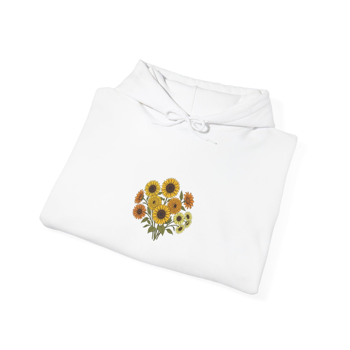 Sunflower Bouquet Hoodie — Small Floral Chest Print, Cozy Casual Pullover