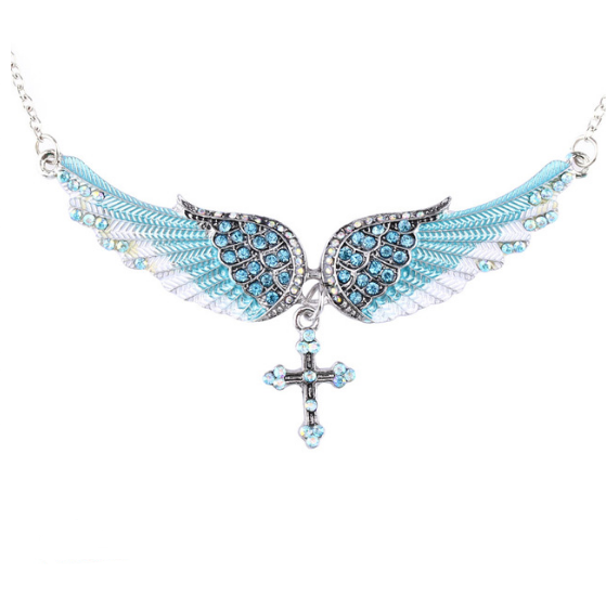 Angel Wings Pendant and Sweater Necklace with Gems