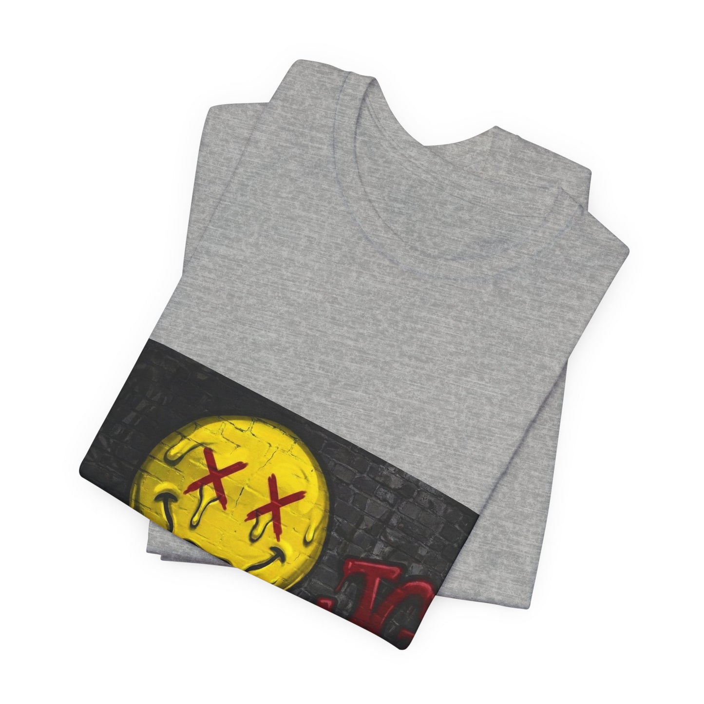 Melting Smiley Graphic Tee — Distressed Yellow Drip Face T-Shirt