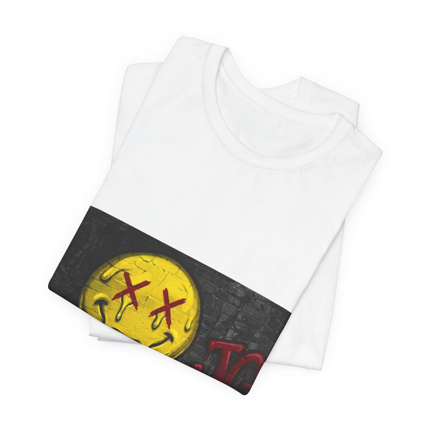 Melting Smiley Graphic Tee — Distressed Yellow Drip Face T-Shirt