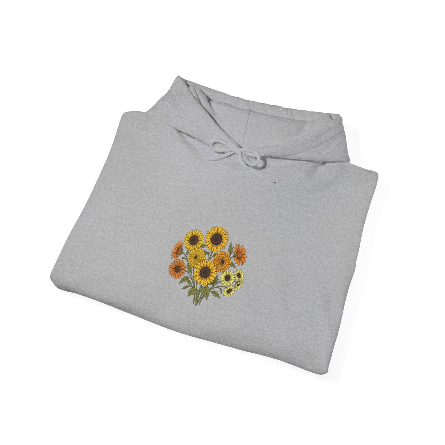 Sunflower Bouquet Hoodie — Small Floral Chest Print, Cozy Casual Pullover