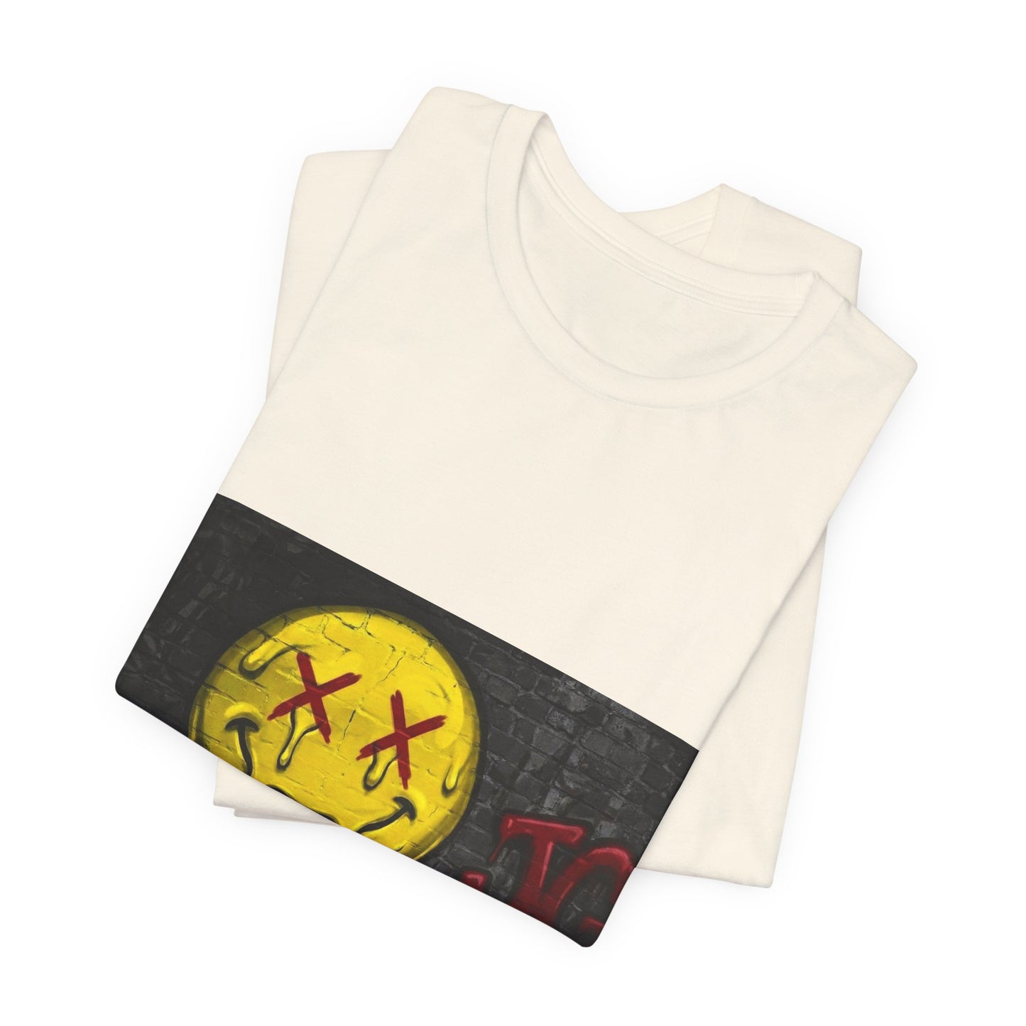 Melting Smiley Graphic Tee — Distressed Yellow Drip Face T-Shirt