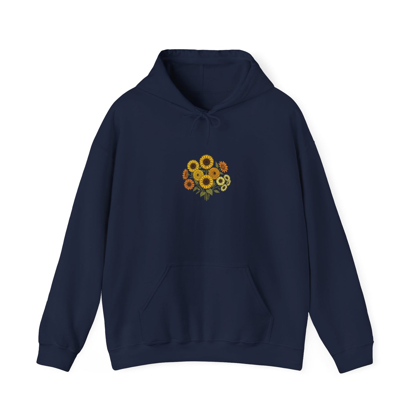 Sunflower Bouquet Hoodie — Small Floral Chest Print, Cozy Casual Pullover