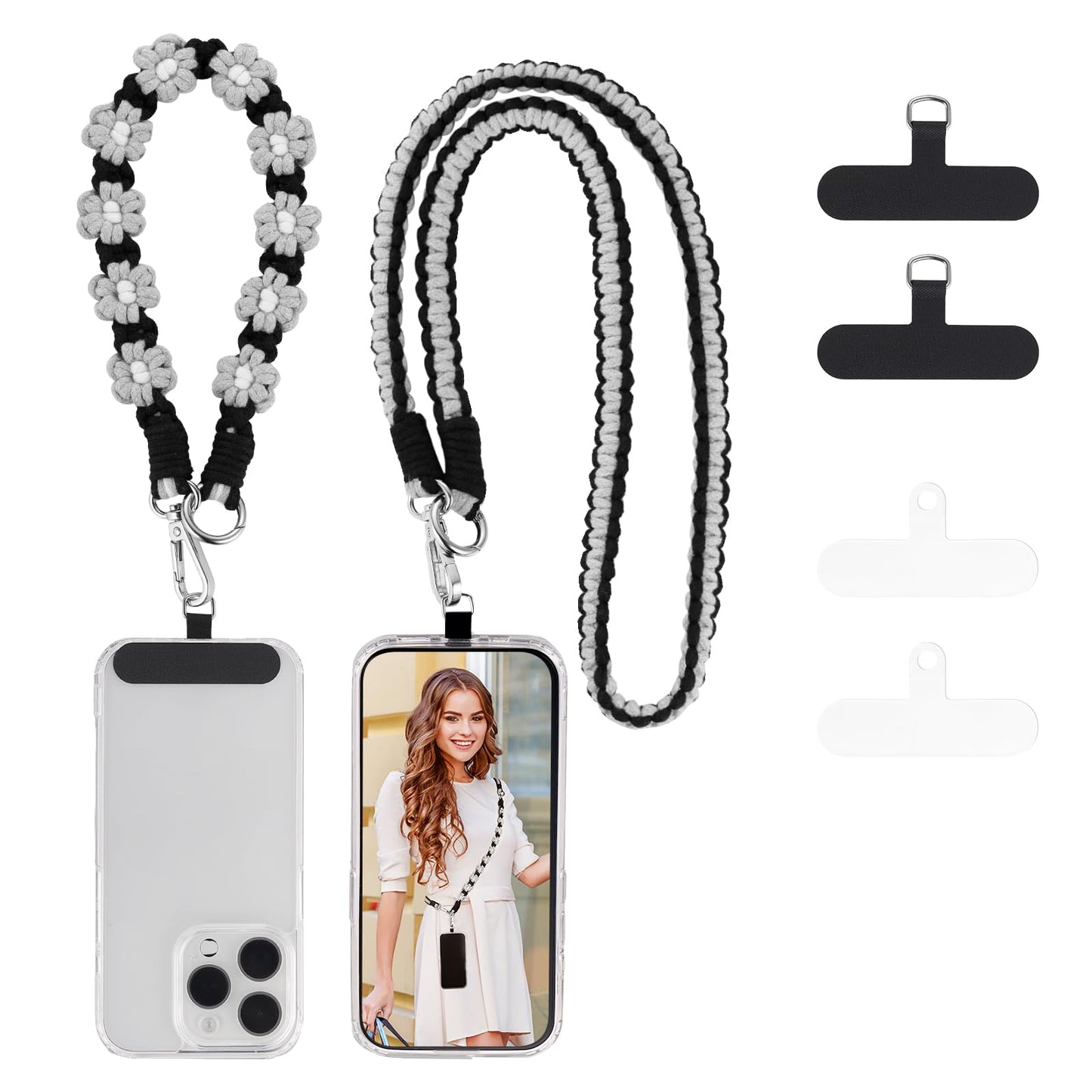Boho Macramé Phone Lanyard – 3-in-1 Detachable Woven Daisy Crossbody & Wrist Strap with 4 Tether Tabs