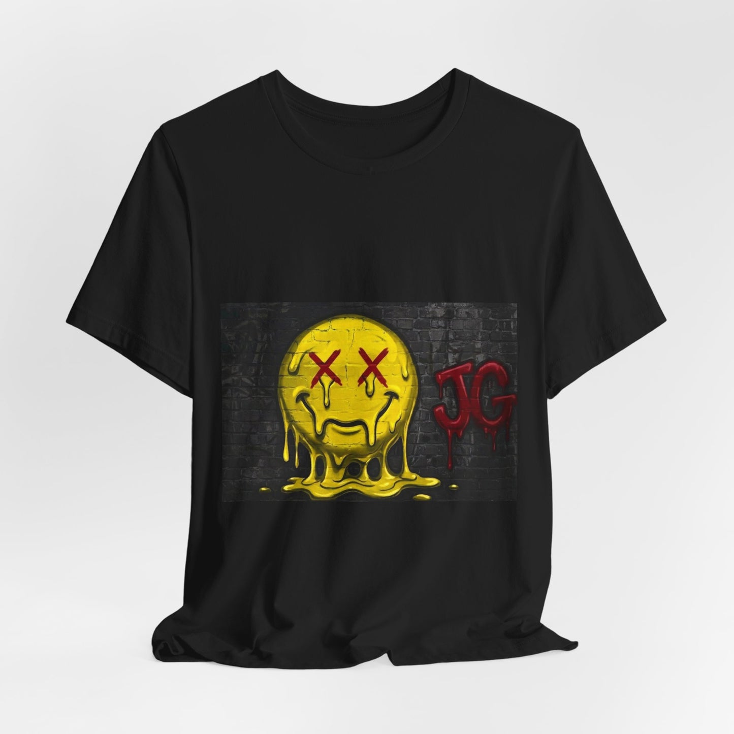 Melting Smiley Graphic Tee — Distressed Yellow Drip Face T-Shirt