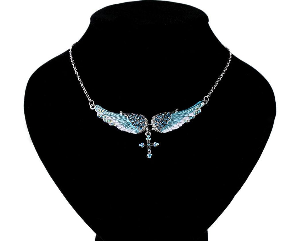 Angel Wings Pendant and Sweater Necklace with Gems