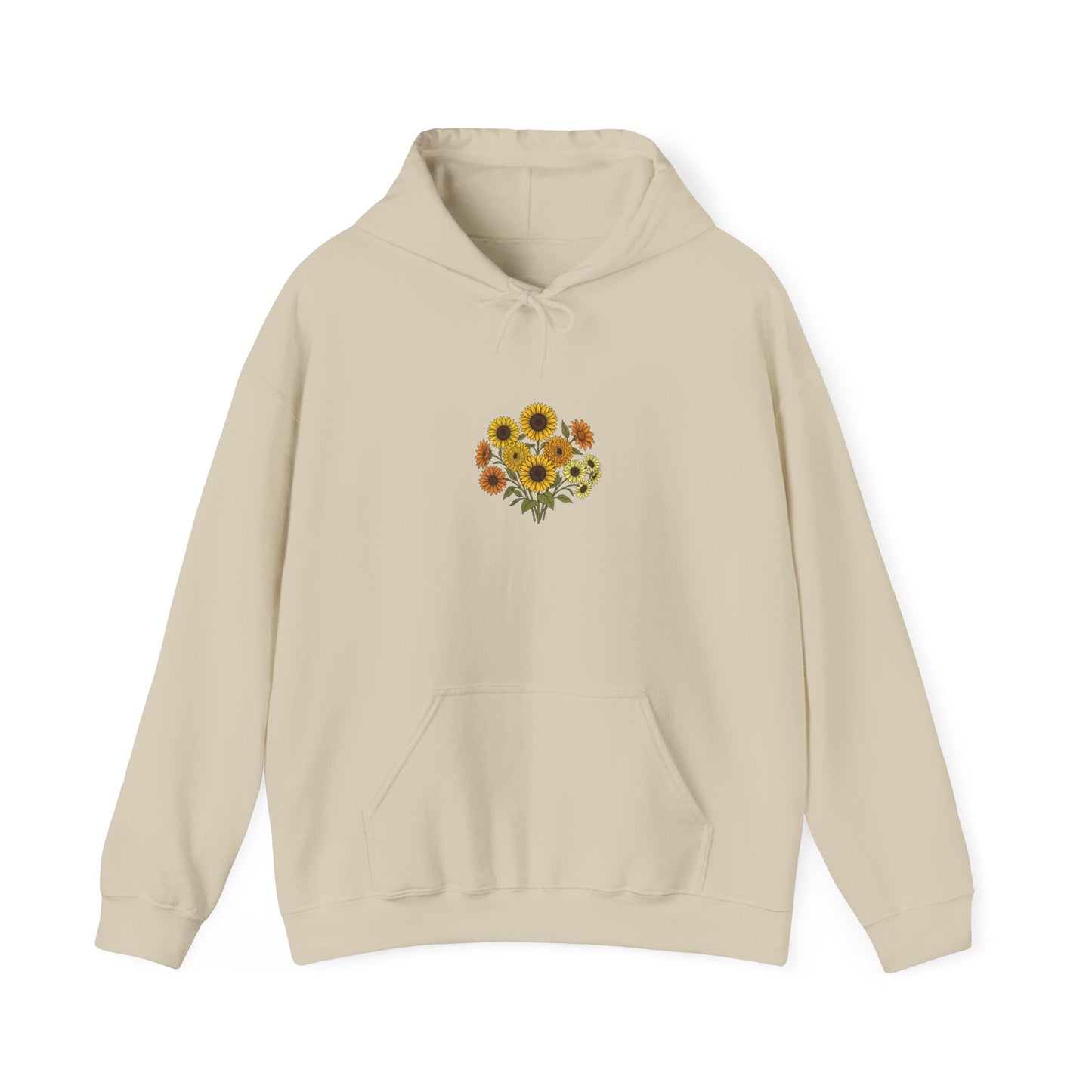 Sunflower Bouquet Hoodie — Small Floral Chest Print, Cozy Casual Pullover