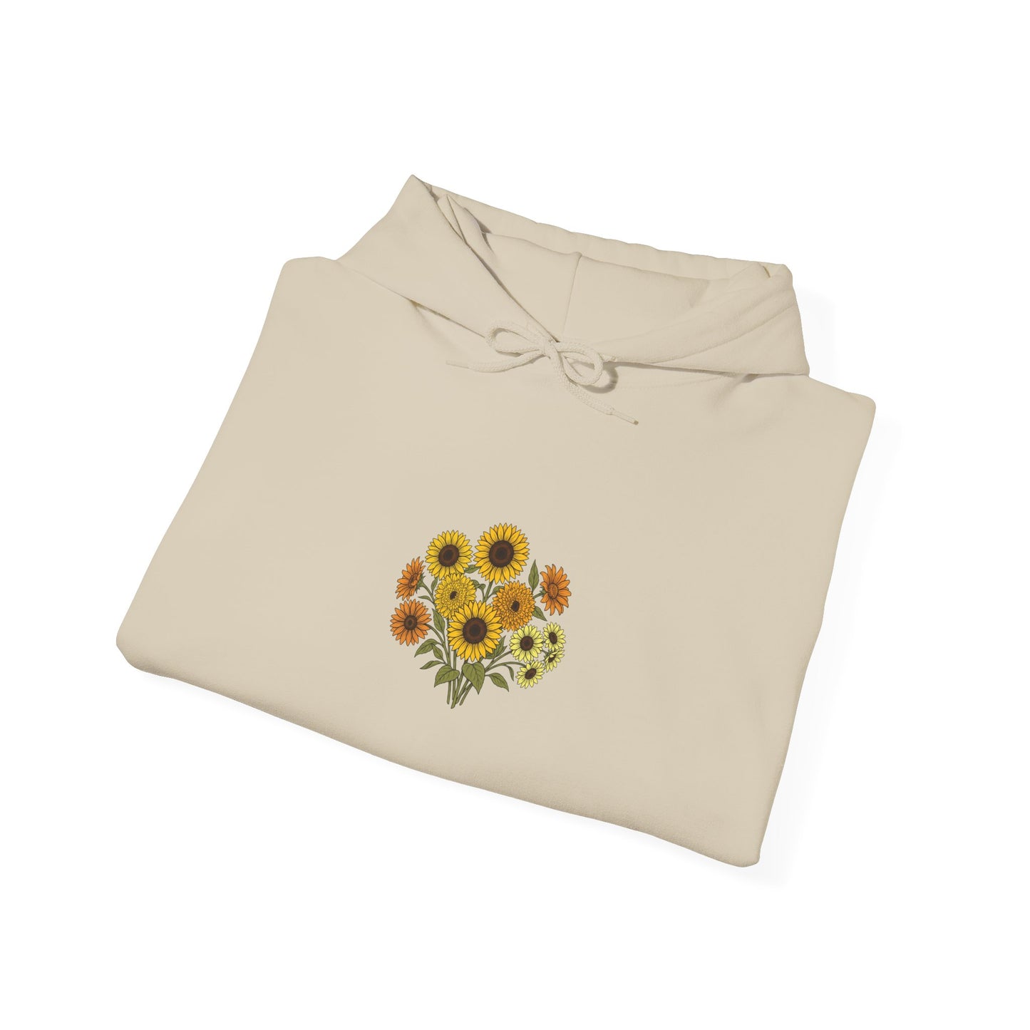Sunflower Bouquet Hoodie — Small Floral Chest Print, Cozy Casual Pullover