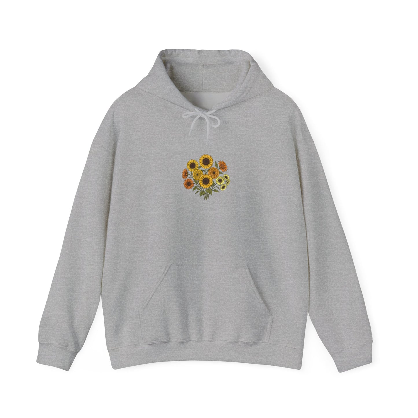 Sunflower Bouquet Hoodie — Small Floral Chest Print, Cozy Casual Pullover