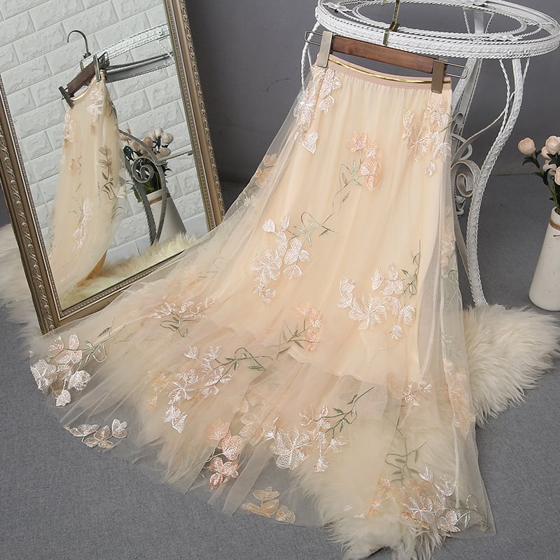 Embroidered Long Mesh Skirt for Fashionable Style
