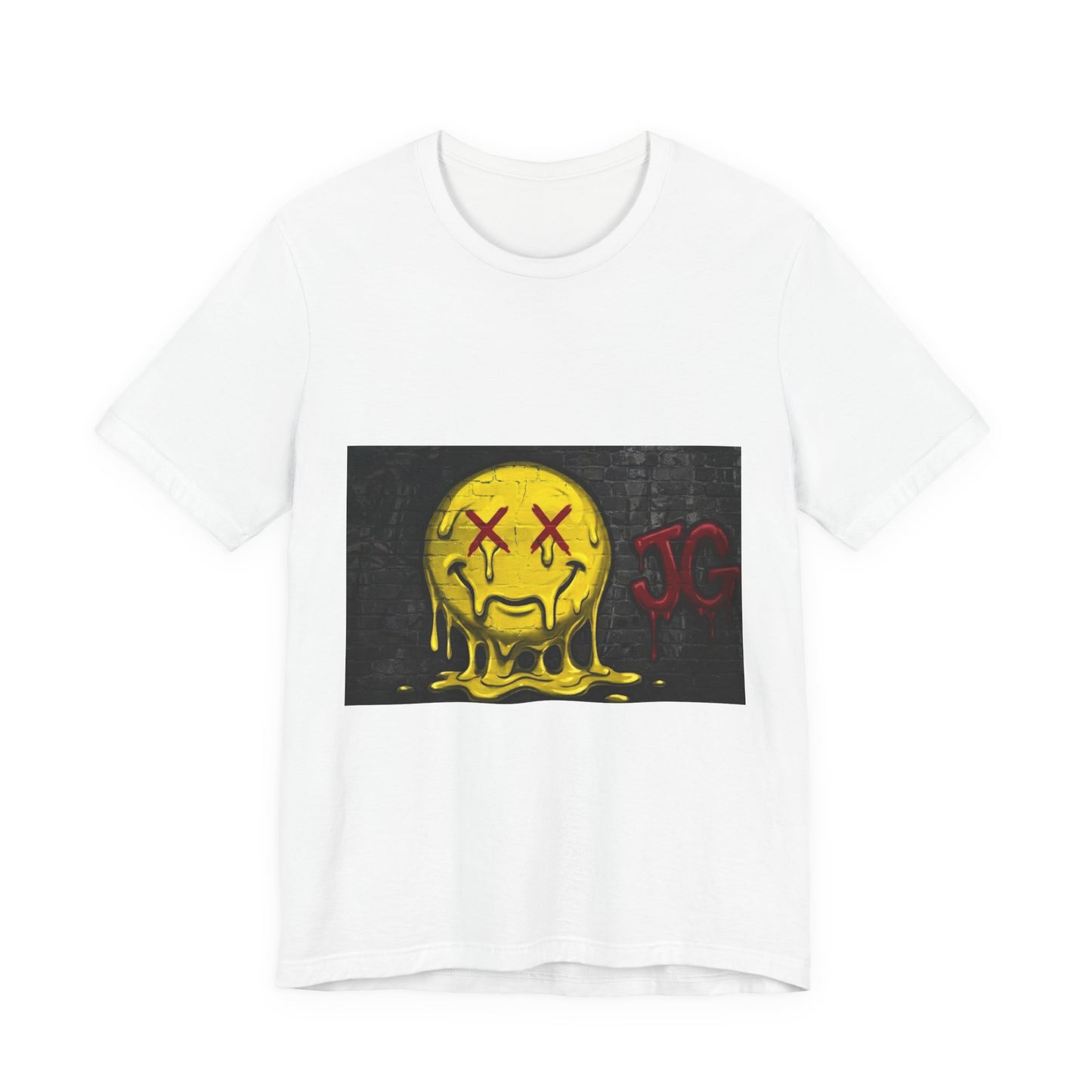Melting Smiley Graphic Tee — Distressed Yellow Drip Face T-Shirt