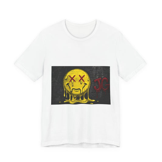 Melting Smiley Graphic Tee — Distressed Yellow Drip Face T-Shirt