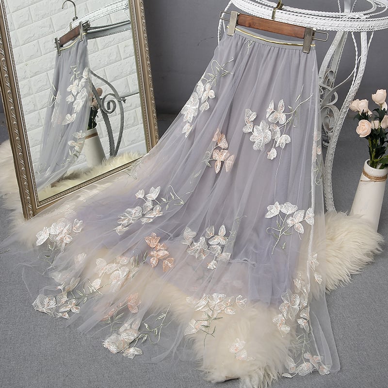 Embroidered Long Mesh Skirt for Fashionable Style