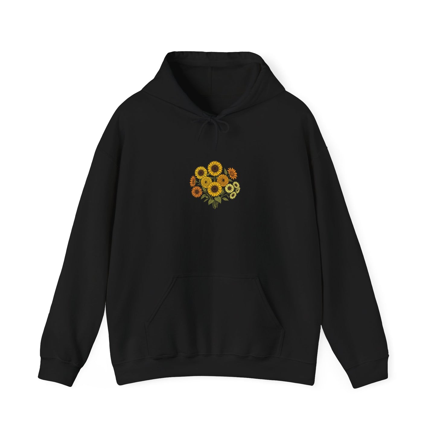 Sunflower Bouquet Hoodie — Small Floral Chest Print, Cozy Casual Pullover