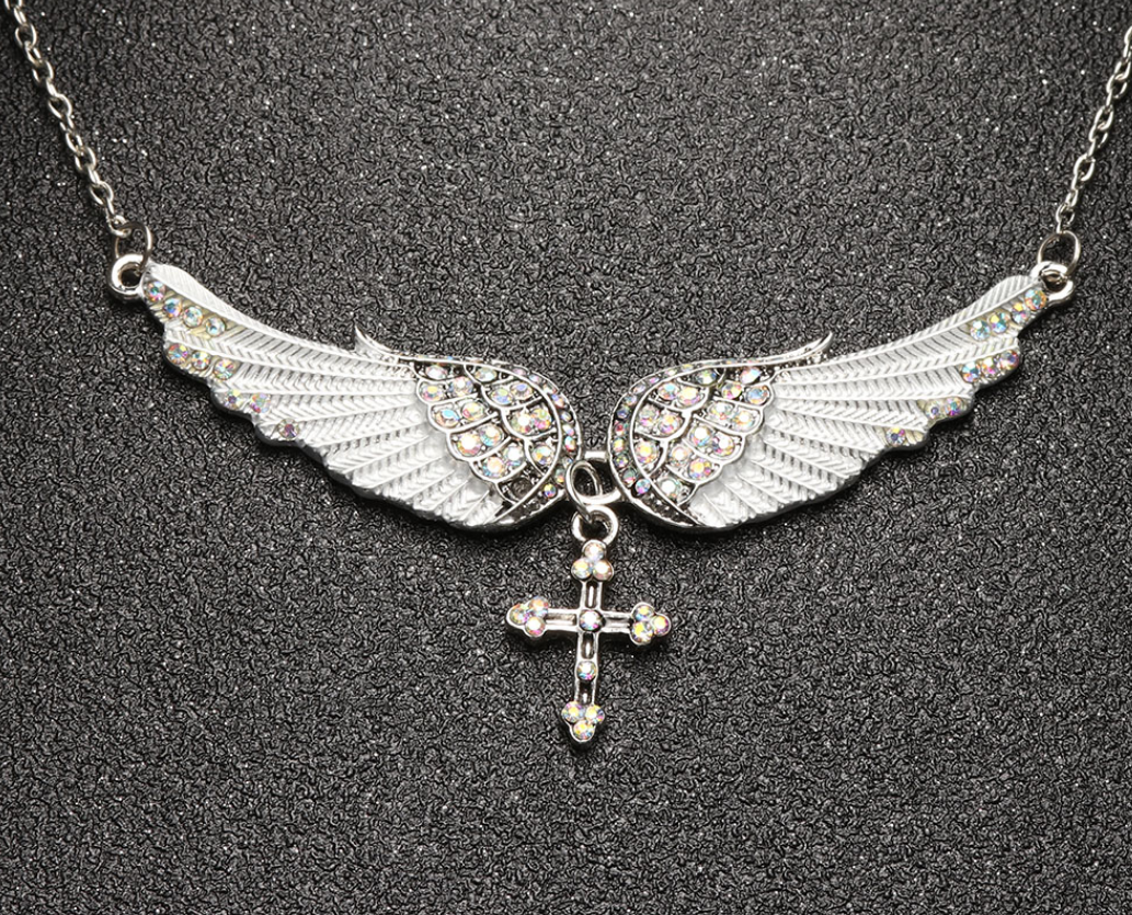 Angel Wings Pendant and Sweater Necklace with Gems