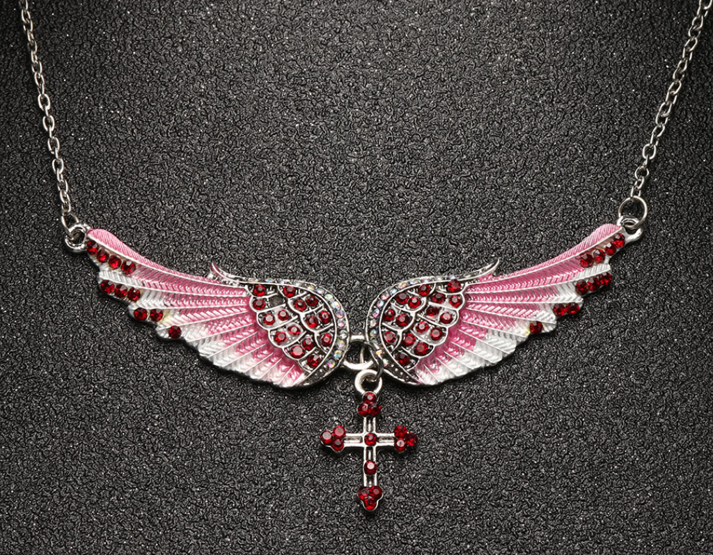 Angel Wings Pendant and Sweater Necklace with Gems