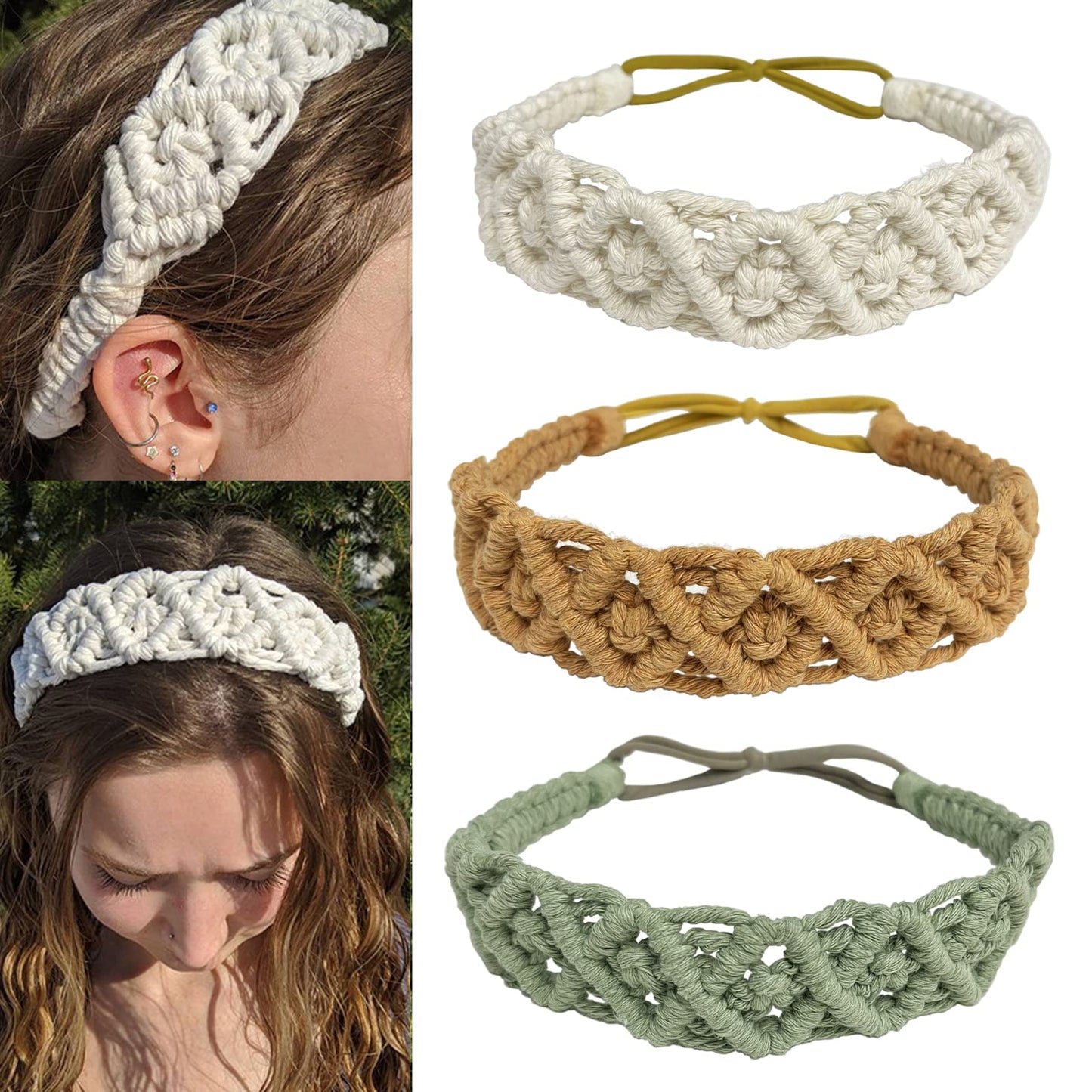 Boho Crochet Headbands Set – 3-Piece Handmade Knit Elastic Hair Bands for Women & Girls