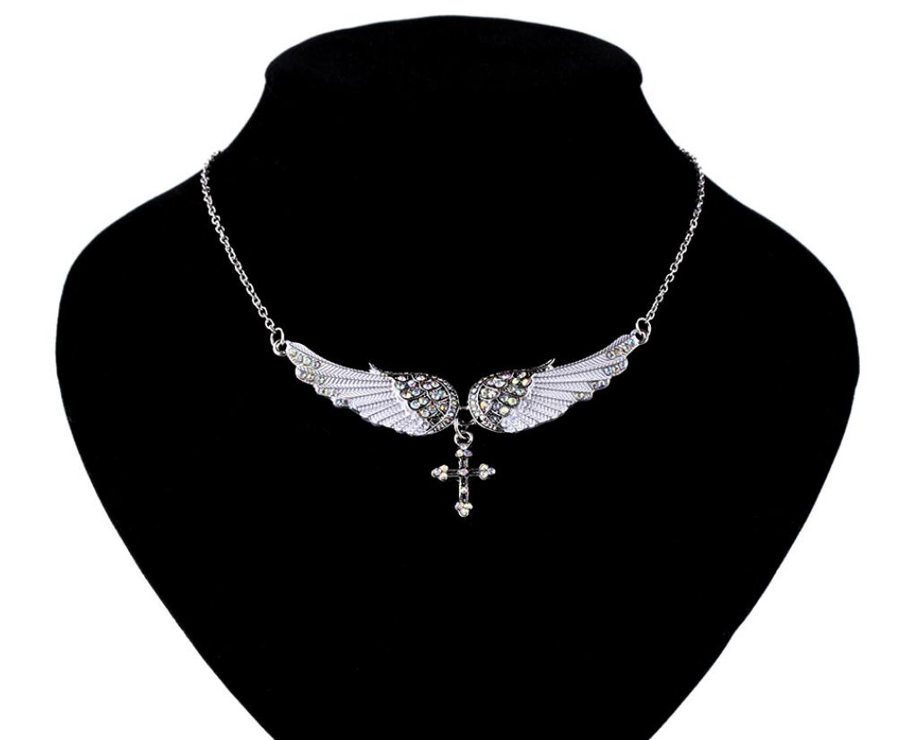 Angel Wings Pendant and Sweater Necklace with Gems