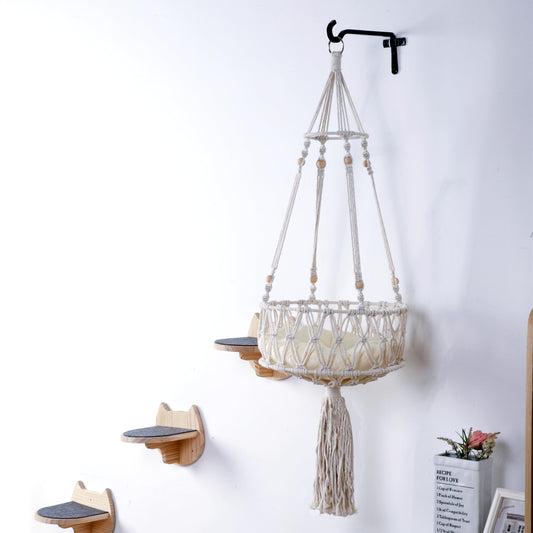 Boho Macramé Cat Hammock – Wall-Mounted Hanging Cat Bed with 3 Climbing Steps